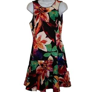 Ali Ro dress, black floral print, flare bottom, zip back , size 4